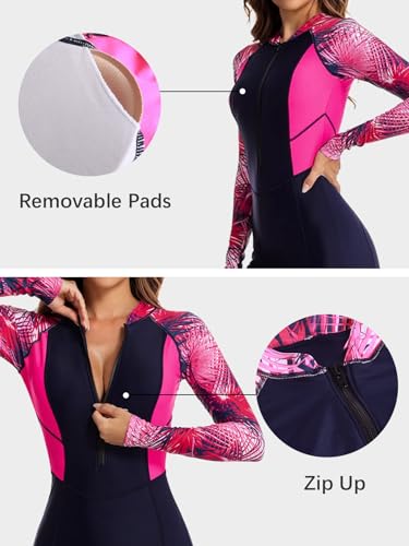 Ecupper Traje de baño de una Pieza para Mujer Rash Guard con Cremallera y Mangas largas Moda de baño para Surf Trajes de baño con Sujetador Incorporado Cremallera (sin Neopreno) Rosenrot XL - imagen 5