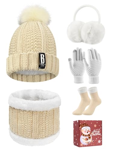 Tuopuda Knitted Hat and Scarf Set 5 PCS Winter Set,Plush Ear warmers Warm Knitted Scarf Beanie Hat and Touch Screen Gloves Set Women Thermal Socks for Skiing Hat Outdoor Sports(Beige-Gift Pack)