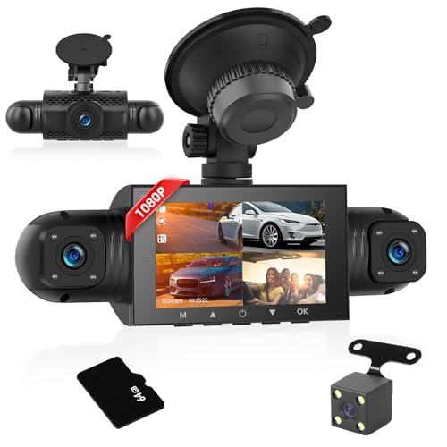 Car Dash CAM, Cámara de Coche 1080P+720P, Cámara de Coche Dashcam de 4 Canales con Pantalla IPS de 3 Pulgadas, Gran Angular de 170°, Visión Nocturna, Sensor G, Grabación en Bucle + Tarjeta TF 64G