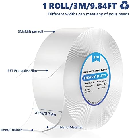Double Sided Tape Heavy Duty, Double Sided Sticky Tape Transparent Nano Tape, Removable Reusable Traceless Strong Mounting Tape for Carpet, Photos Wall, Posters, Kitchen, Party, etc (10FT/3M)