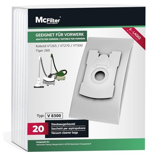 McFilter I 20 Staubsaugerbeutel kompatibel mit Vorwerk Tiger 260, Vorwerk Kobold VT265 VT270 VT300 - VT 265 VT 270 VT 300 Staubsauger, 5-lagig, Microvlies, Deckscheibe mit Staubverschluss