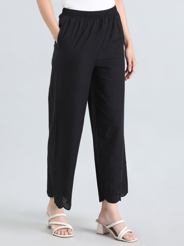 Image of GO COLORS Women's Cotton Hakoba Palazzo | Ankle Length, Schiffli Embroidery, Relaxed Fit, Mid-Rise with Side Pocket
