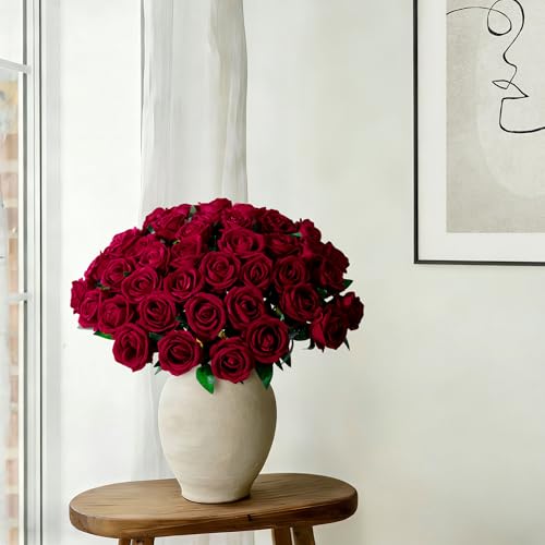Image of INSPRING 50 PCS Burgundy Roses Artificial Flowers with Long Stems | Real Looking, Fake Roses, Silk Flowers, DIY Bouquet, Wedding Party Celebration Home Bridal Decoration Gift, for Her Wife