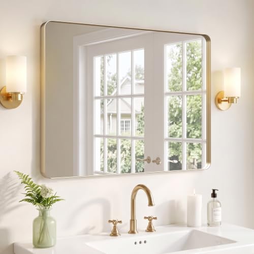 Image of Kosmonia 40x30 Inch Bathroom Vanity Mirror Brushed Champagne Gold