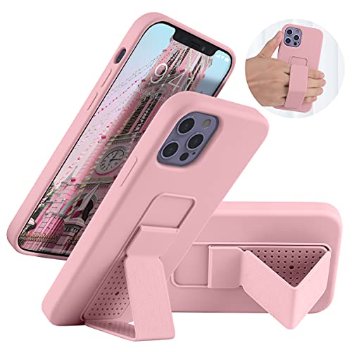 LAUDTEC Silicone Kickstand Case Compatible with iPhone 12/12 Pro, Vertical and Horizontal Stand Hand Strap Metal Kickstand Cover, Flexible Soft Liquid Silicone Stand Case for iPhone 12/12 Pro (Pink) by LT LAUDTEC - Used condition - US$5.49