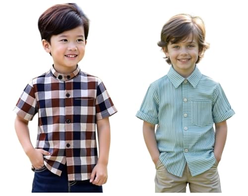 Image of Boys Short Sleeve Button Down Shirts, Plaid and Striped Pattern, Cotton Casual Tops, Pack of 2