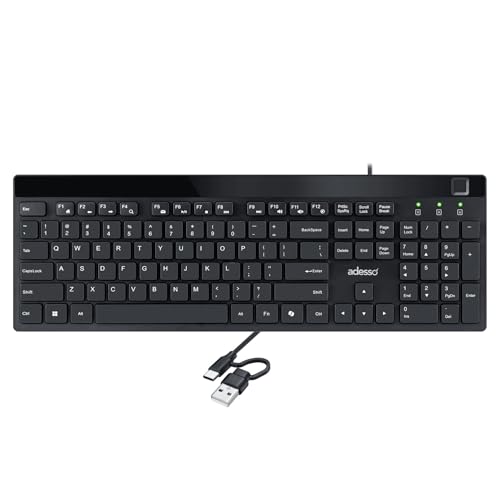 Adesso AKB-140FB Wired USB Low Profile Desktop Keyboard with Built-in Fingerprint Reader, Windows Hello Compatible, AES-256 Encrypted, 104 Keys, 12 Hotkeys, USB-C with USB-A Adapter