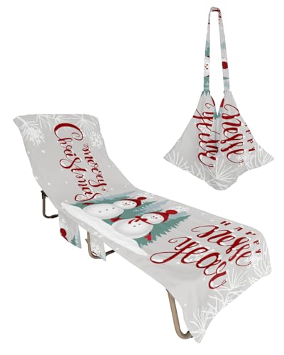Grey Christmas Snowman Beach Lounge Chair Towel Cover, Soft Chaise Lounge Towel with Side Pockets Patio Pool Chairs Cover for Beach/Pool Sunbathing 29x85 Xmas Tree Winter Snowflake