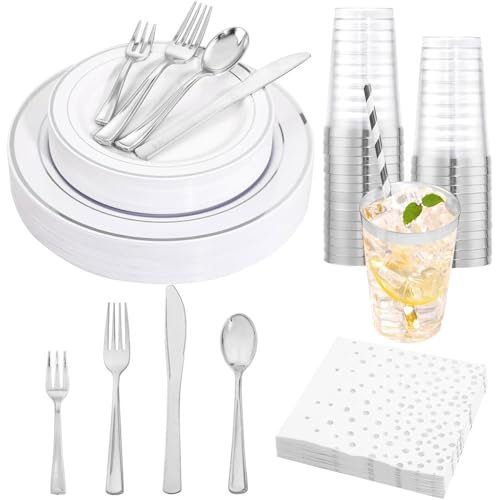 Ciaell 250PCS White and Silver Plastic Plates - Silver Disposable Plastic Plates Sets include 50Plates, 25Knives, 25Forks, 25Spoons, 25Mini Fork, 25 Cups, 25Paper Straws, 50Napkins for Christmas
