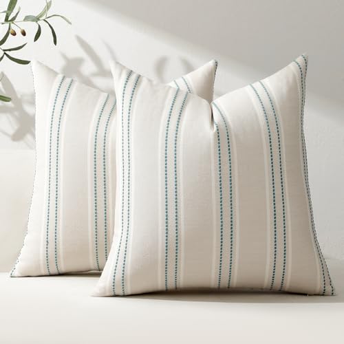 Hckot Throw Pillow Covers 20x20 Set of 2 Teal Pillow Covers Farmhouse Decorative Pillows Textured Linen Square Cushion Covers for Sofa Couch Bed Living Room Decor(Teal)