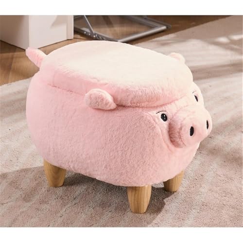 Image of Pemberly Row Kids Pig Fabric Storage Ottoman /Stool, Pink and Natural Finish, 14 in x 14 in x 22 in, Soft Furry Upholstery, Solid Wood Legs, Hidden Storage, No Tools Assembly, Nursery, Playroom or