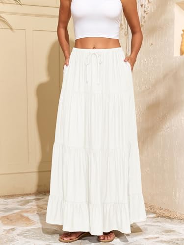 Capuffy Women Summer Boho Flowy Swing Maxi Skirt Tiered A-Line Skirts Elastic Waist Ruffles Pleated Beach Skirt with Pockets3