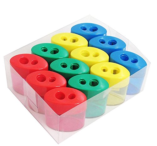Mega Stationers Mega Pack of 12 Double Hole Oval Shaped Pencil Sharpener with Cover and Receptacle - Comes in 4 Colors