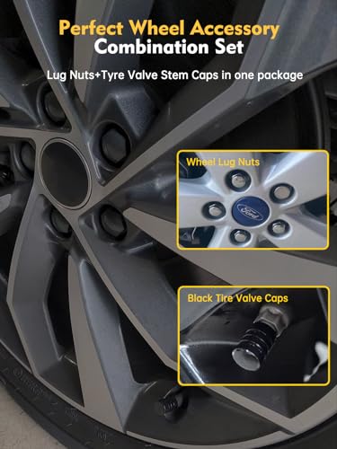 Image of MIKKUPPA M12x1.5 Lug Nuts, Chrome 20PCS Closed End Lug Nuts | Tire Valve Stem Caps Black 4PCS, Replacement for 2006-2019 Ford Fusion, 2000-2019 Focus, 2001-2019 Escape Aftermarket Wheel