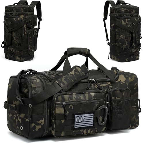 3 in 1 Tactical Gym Bag Backpack for Men 40-45L Expandable Travel Duffle Bag for Women Large Military Sport Duffel Bags Weekend Overnight with Shoe Compartment & Wet Pocket for Fitness, Camo