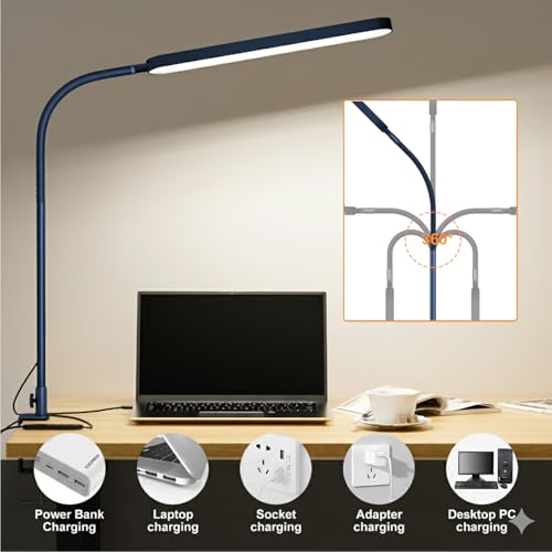 Image of SKYLEO LED Desk Lamp - Desk Light for Home Office - Flexible Gooseneck - 5 Color Modes X 11 Brightness Levels - 1300LM - Timmer & Memory Function - 12W Clip on Light - Blue