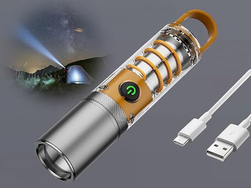 HJLLGYD 100,000 Lumen Ultra-Bright Multi-Mode Rechargeable Tactical Flashlight & Camping Lamp – 5 Modes (High/Med/Low/Strobe/SOS), USB Charge – Orange, Portable for Outdoor/Emergency/Home Use
