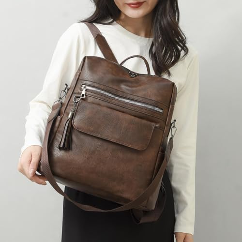 Mochila de viaje bolsa para mujer de libros multiusos con pompón marrón Se 3