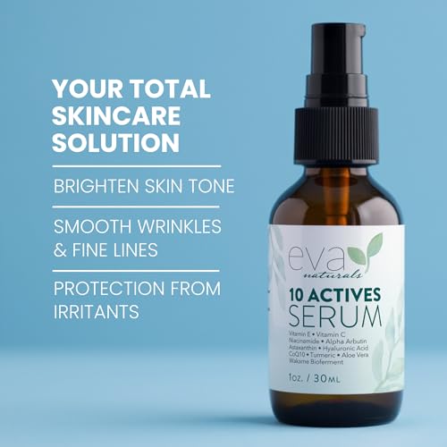 Eva Naturals 10 Actives Serum – Vitamin C, Niacinamide, Hyaluronic Acid, Turmeric, CoQ10 – Natural Anti Aging Face Serum for Dark Spots, Wrinkles, Acne, Skin Care & Facial Spot Remover