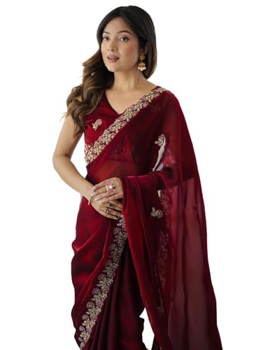 Image of SIRIL Women's Tissue Silk Sequence Embroidery Saree with Unstitched Blouse Piece
