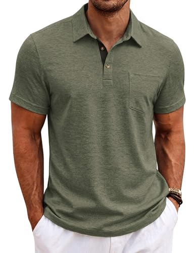 COOFANDY Men's Heather Polo Shirt – Green Short Sleeve Collared Pocket Business Casual Shirt