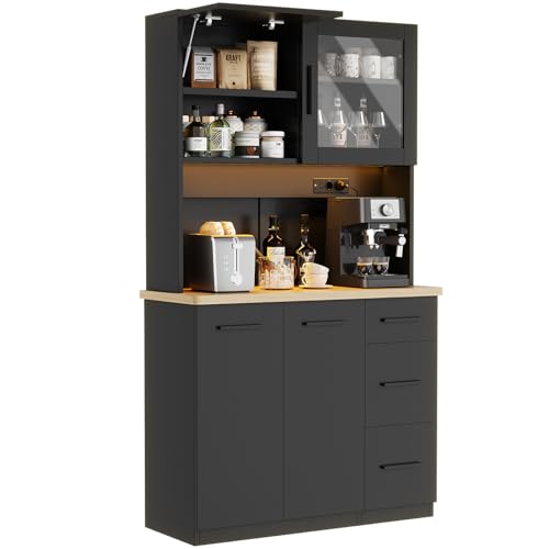 Devoko Armario Alto de Cocina con Luces LED y Enchufe, Mueble de Almacenamiento con 3 Cajones, Vitrina y Compartimentos Abiertos, Estantes Ajustables para Comedor,100x40x182cm (Negro)