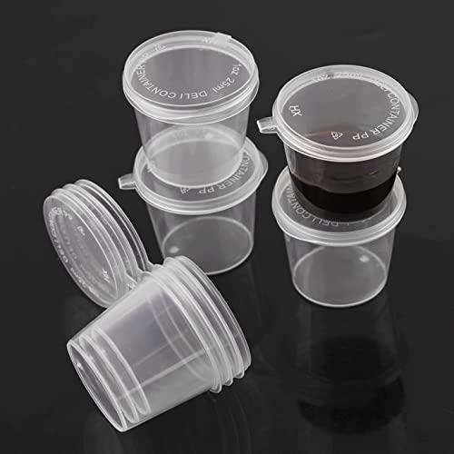 Recipientes de alimentos con tapas, 100 tazas redondas con bisagras de 1 onza, recipientes pequeños con tapas, ollas de salsa, tazas de gelatina reutilizables para tarros, salsas, ensaladas