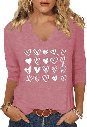 Image of Womens 3 /4 Sleeve V Neck Valentine T Shirts Love Heart Printed Graphic Tee Tops