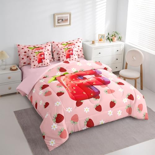 Image of Feelyou Girls Pink Red Strawberry Comforter Set with Sheets 7 Piece Twin Size Initial Letter F Bedding Set for Kids Boys Girls Princess Strawberry Bed in a Bag Room Decor Soft Lightweight Microfiber