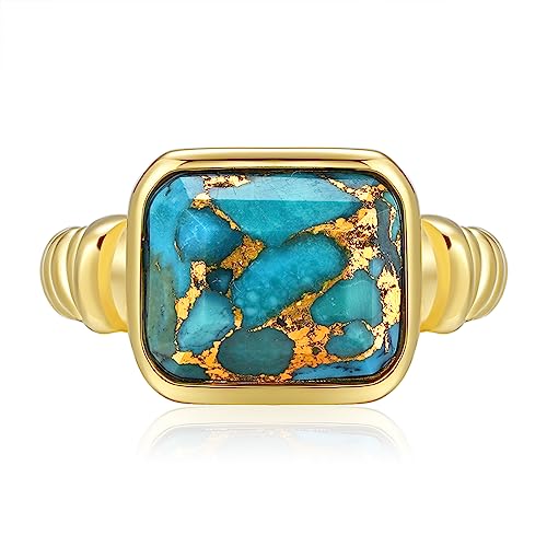 Women's 14K Gold Plated Statement Rings Emerald Cut Teal Turquoise/Rose Quartz Crystal/Spiny Oyster Turquoise Signet Ring Stainless Steel Chunky Gold Rings Size 5-102