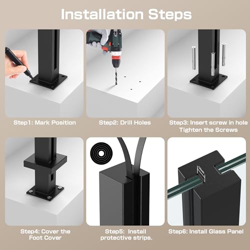 304 Stainless Steel Black Glass Railing Post, Internal Slot Balustrade System for 10-12mm Glass, Complete Post Kit with Base Plate, Easy Installation for Balcony, Stairs, Deck, Patio, Pool (41IN) by POTHOI - Image 5