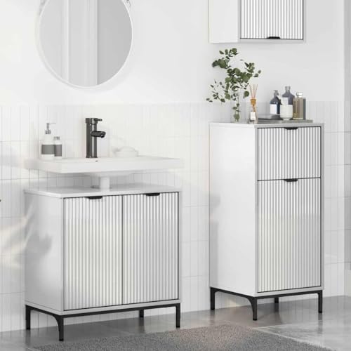 Bucmath - Bucmath Badezimmermöbel-Set 2-teilig, Hochglanz Weiß, Sperrholz und Metall, 39,5x36x88 cm, mit Schublade, reichlich Stauraum für modernes Bad