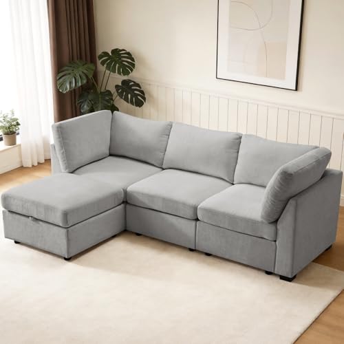 Image of TEKAMON 94 inch L Shaped Modern Sofa Modular Sectional Couch with Ottoman, 4-Seat Chenille Deep Seat Sofa for Living Room, Bedroom and Apartment, Light Grey
