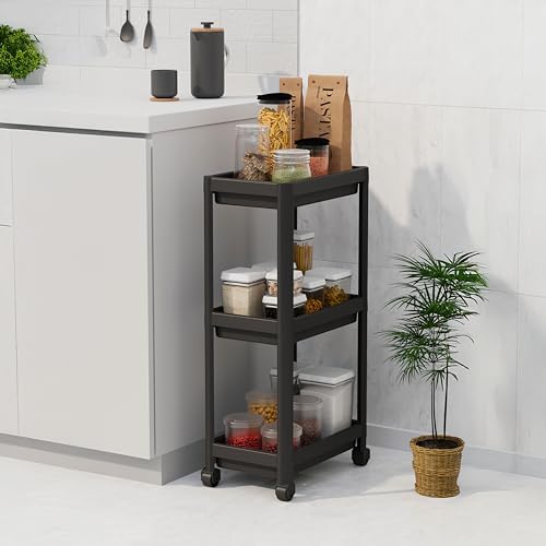 Deconox Peggy 3 Katlı Tekerlekli Raf Ünitesi - 36x71x23 cm Dar Alan Düzenleyici - Mutfak ve Banyo İçin Aletsiz Kurulum Servis Arabası (Beyaz - Siyah - Gri) (SİYAH) - Görsel 4