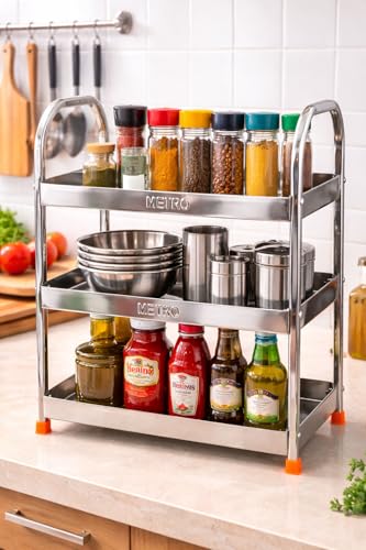 Image of appeasy Stainless Steel 3 Tier Kitchen Storage Rack | Countertop Organizer Shelf for Utensils, Spice Jars, Bottles & Crockery