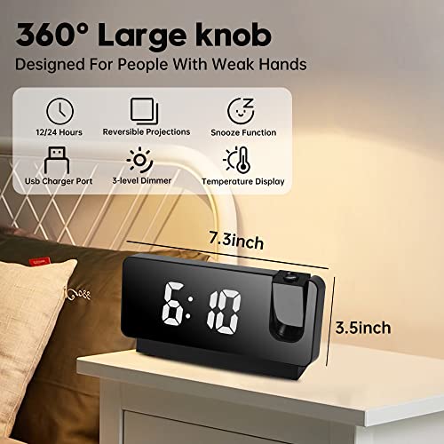Lorzacio Digital Alarm Clock For Bedroom, Smart Alarm Clock With Projection On Ceiling, Led Digital Wall Clock With Usb Charger Ports, 180°Projector, Dimmer, Battery Backup, Black #TOP2