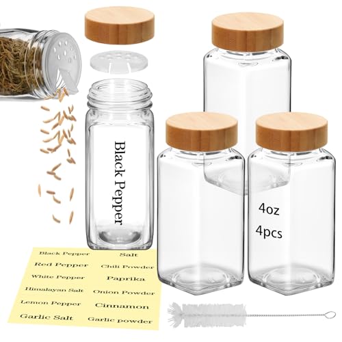 4Pcs 4 oz Square Glass Spice Jars with Label, Empty Spice Containers with Bamboo Lids , Square Seasoning Containers and Supplement Set, Small Seasoning Bottles for Salt, Herbs, Sugar, Pepper (4)