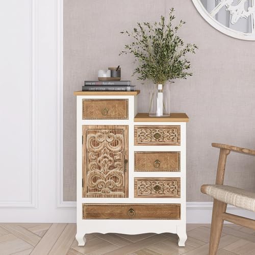 WEALTHOUSE Vintage-Inspired Storage Cabinet with 5 Drawers & Door – Handcrafted Accent Chest for Living Room, Entryway, Retro Décor, Durable MDF Wooden Organizer, Multi-Functional Home Furnishing