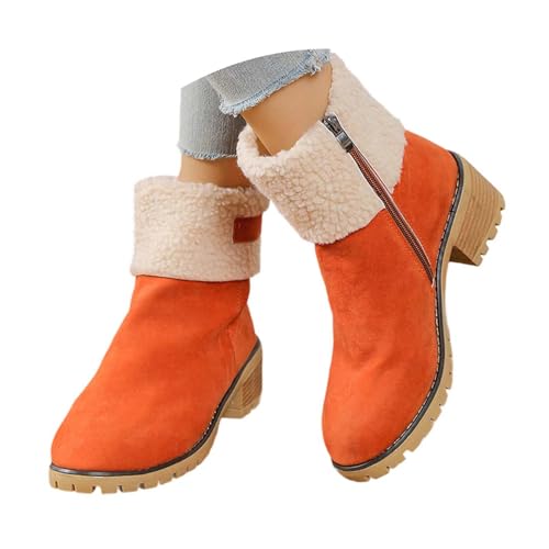 2025 Botas de mujer con pantorrilla media cálidas para invierno, ante sintético, retro, tacón grueso, cremallera lateral, para trajes casuales, cómodos, botines para mujer, color negro, 43, naranja