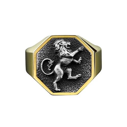 BySilverStone - Handmade Gold Plated Scottish Lion Signet Ring for Men, Zodiac Inspired Rampant Lion Design Ring, Unique Leo Animal Jewelry, Gift for Graduation