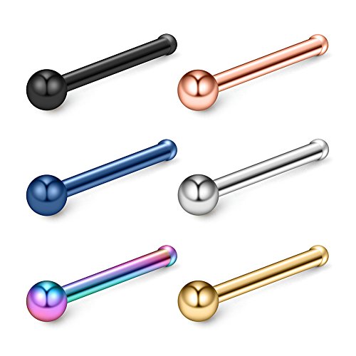 Ruifan 22G 316L Surgical Steel Nose Stud Bone Pin Ring with 1.8mm Ball Top Piercing Jewelry 6PCS - Mix Color