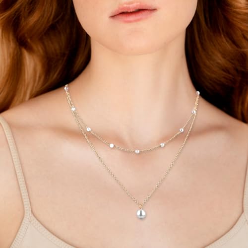 Dainty Gold Pearl Necklace for Women Trendy Gold Plated Layered Necklaces Simple Gold Herringbone Chain Necklace Single Pearl Strand Choker Necklace Gold for Women Girls Fashion Gold Jewelry Gifts - Image 7