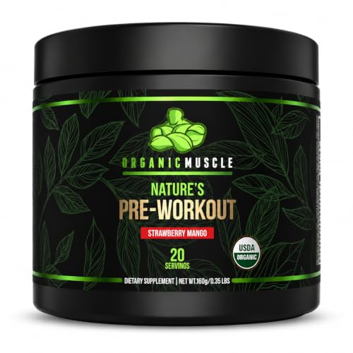 Organic Muscle Strawberry Mango pre-workout tub showing USDA organic mark and 20-serving count — the lowest published caffeine dose in this roundup