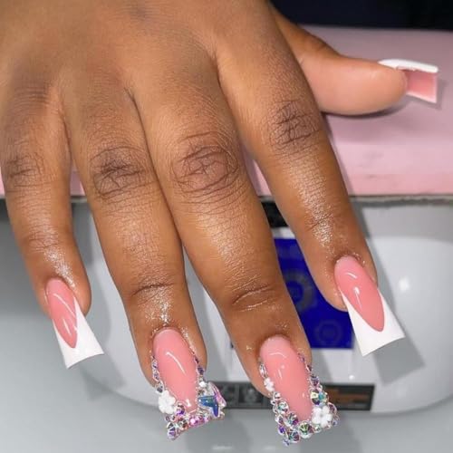 Image of Diamond Press on Nails White French Tip Fake Nails Medium Square False Nails Flower Glue on Nails Reusable Artificial Acrylic Full Cover Stick on Nails Spring Summer Nails Decoration 24Pcs