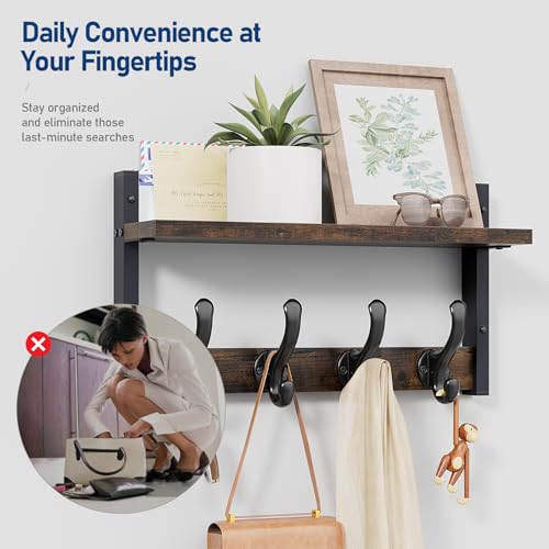 Image of Tatub 16 inch Rustic Coat Rack Wall Mount with Shelf, Wall Hooks with Shelf, Heavy Duty Entryway Organizer Hangers for Hanging, Hat, Bag, Jacket for Bathroom, Living Room, Bedroom