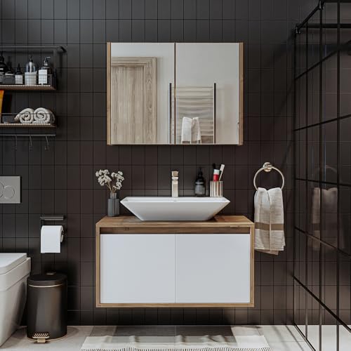 ROOMART • Set di mobili da bagno • Atlantic • 3 pezzi • Lavabo in ceramica con base 65 cm, 85 cm, 100 cm, armadietto a specchio 80 cm (bianco – rovere, 85 cm)