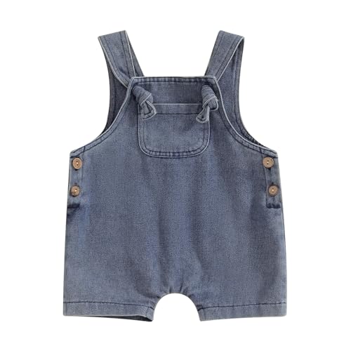 KMBANGI Newborn Baby Girl Denim Overalls Sleeveless Straps Front Pocket Jeans Suspender Shorts Bodysuit Clothes (Blue, 18-24 Months)