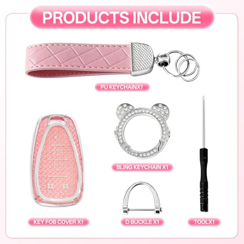 for Chevy Key Fob Cover with Keychain,5 Buttons Soft TPU Protector Bling Car Keys Case Shell Compatible with Chevrolet Equinox Malibu Cruze Traverse Camaro Trax Blazer Volt Bolt Smart Key(Silver Pink) — view 3