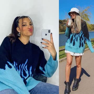 Vamtac Women's Long Sleeve Flame Oversized Sweater Color Block Loose Casual Knitted Jumper Pullover Tops #TOP3