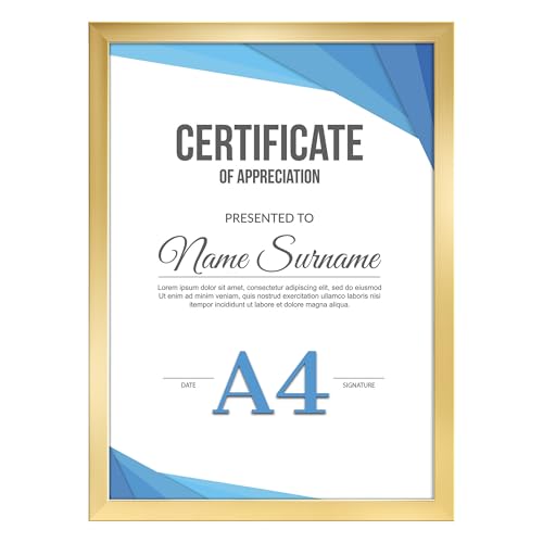 Vasemouh A4 Photo Frame Gold Single A4 Picture Frame Horizontal or Vertical Wall Mounting and Tabletop Display for Home Office Gallery